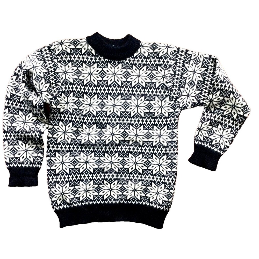 Vintage Western Isles Wool SKI Sweater Hand Knit Jumper Nordic Black Snowflake S